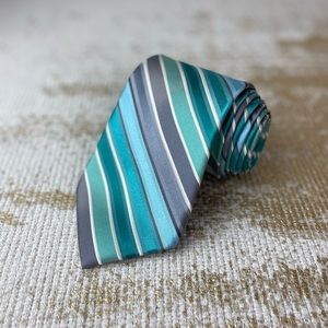 VAN HEUSEN Men’s Silk Teal, Grey & White Stripe Necktie | Business Office Career